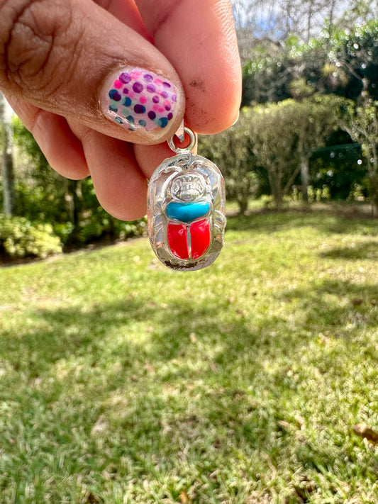 Scarab Beetle Red and Turquoise Pendant Large