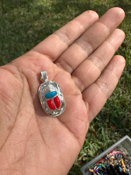 Scarab Beetle Red and Turquoise Pendant Large