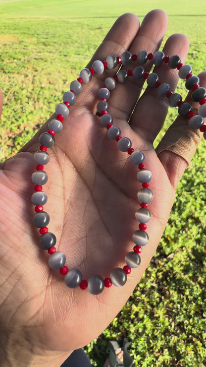 Handmade Gray Cat’s Eye Beaded Necklace with Red Crystal Accents