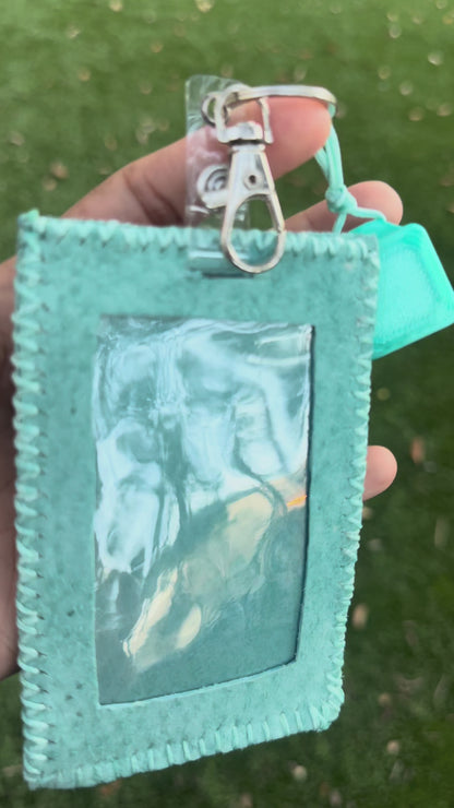 Handmade Turquoise Leather ID Badge Holder with Personalized Clicker