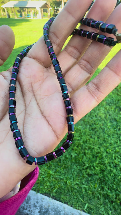 Handmade Black Glass Beaded Necklace with Colorful Hematite Spacers