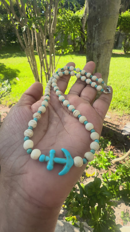 Coastal Anchor Beaded Necklace – Turquoise & Ivory