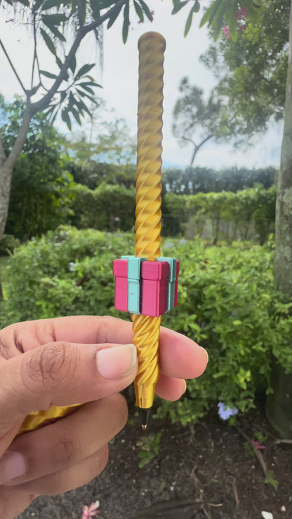 3D Printed Gold Spiral Pen with Fidget Cube