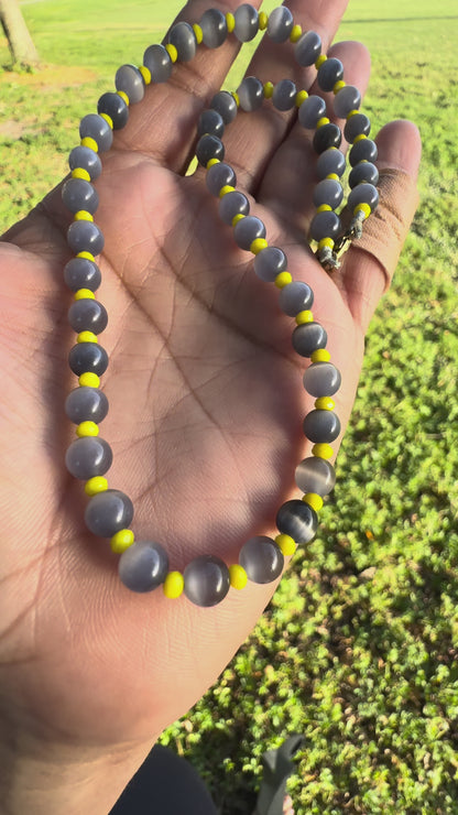 Handmade Gray Cat’s Eye Beaded Necklace with Yellow Accents