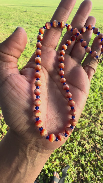 Handmade Coral Orange Beaded Necklace with Royal Blue Accents